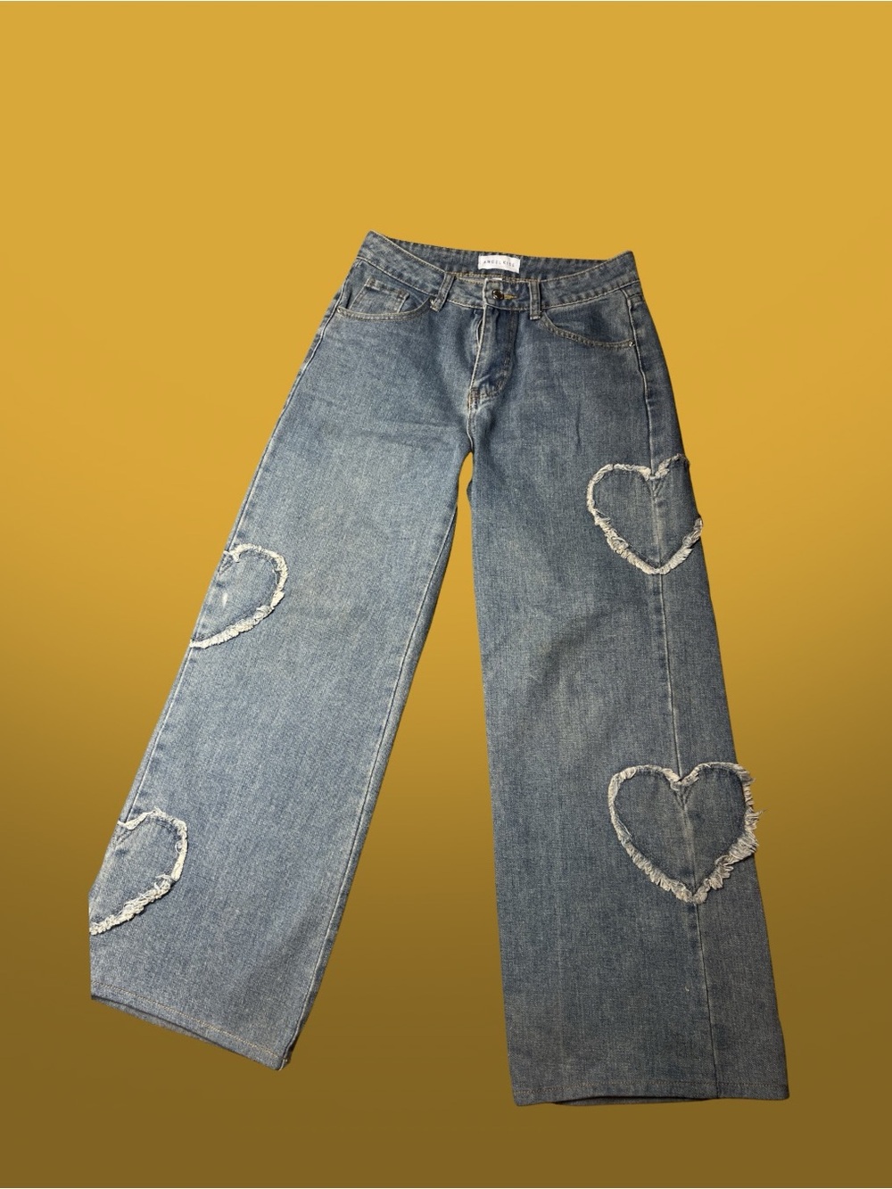 Angel Kiss Distressed Heart Patch Wide-Leg Denim - Blue